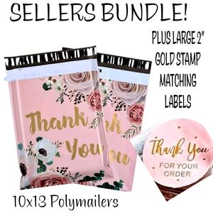 100pack 50- 10X13 WATERPROOF THANK YOU POLYMAILERS ➕️ 50- 2" GOLD stamp labels!
